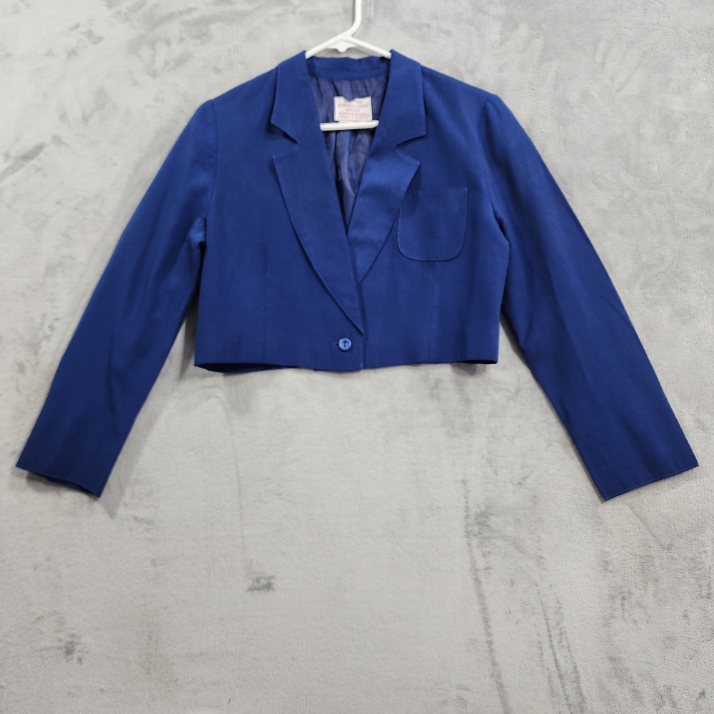Vintage Country Sophisticates Blazer Womens 10 PETITE Blue Cropped One Button